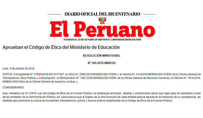 Aprueban el Código de Ética del Ministerio de Educación