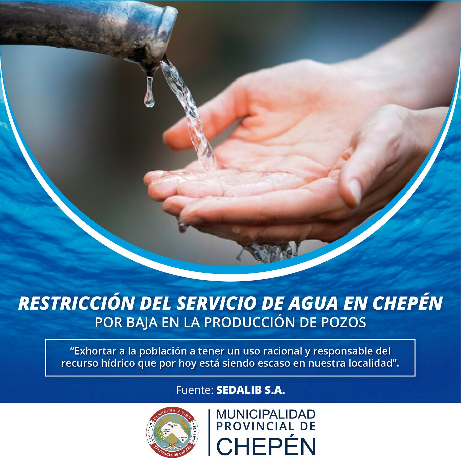 Sedalib anuncia la restricción de agua debido a la baja producción en los pozos.
Usemos sabiamente este recurso muy importante.