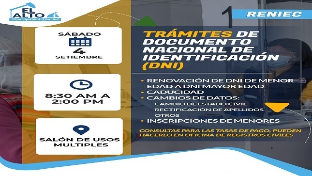 Este sábado 04 de setiembre: Trámite de tu DNI