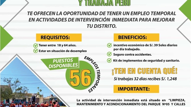 Gracias a la actual gestión edil, la Municipalidad Distrital de Subtanjalla y el Programa Trabaja Perú del Ministerio de Trabajo y Promoción del Empleo, promueven empleos temporales en nuestro distrito, e invitan a participar de los moradores en las actividades de intervención inmediata denominadas: "Limpieza, mantenimiento y acondicionamiento del parque Nº 05 y calles alternas del AA. HH La Angostura II Etapa-Subtanjalla" y  "Limpieza, mantenimiento y acondicionamiento del parque principal y calles alternas del AA. HH La Angostura III Etapa-Subtanjalla"