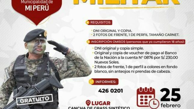 ¡Esta es tu oportunidad! La municipalidad distrital de Mi Perú en coordinación con el Ejército del Perú y el Ministerio Público invitan a los adolescentes del distrito.