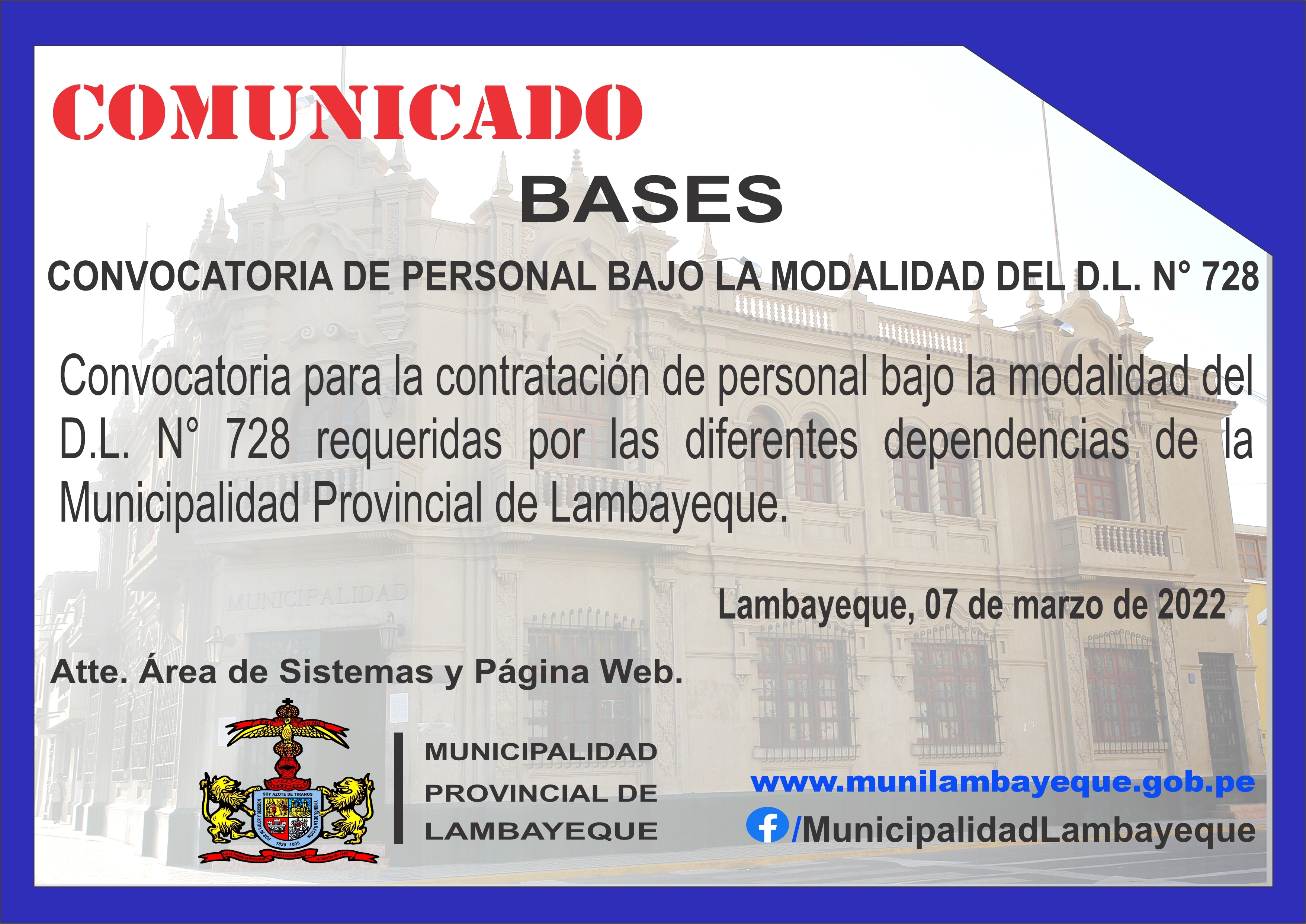 Convocatoria de personal bajo la modalidad del D.L. N° 728