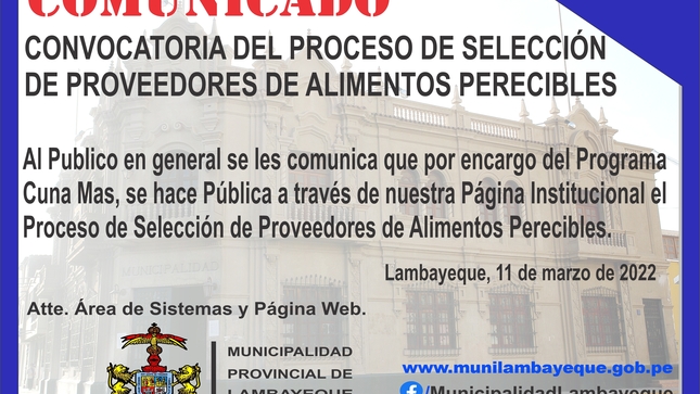 Convocatoria del Proceso de Selección de Proveedores de Alimentos Perecibles. Solicitados por el Programa Cuna Mas.