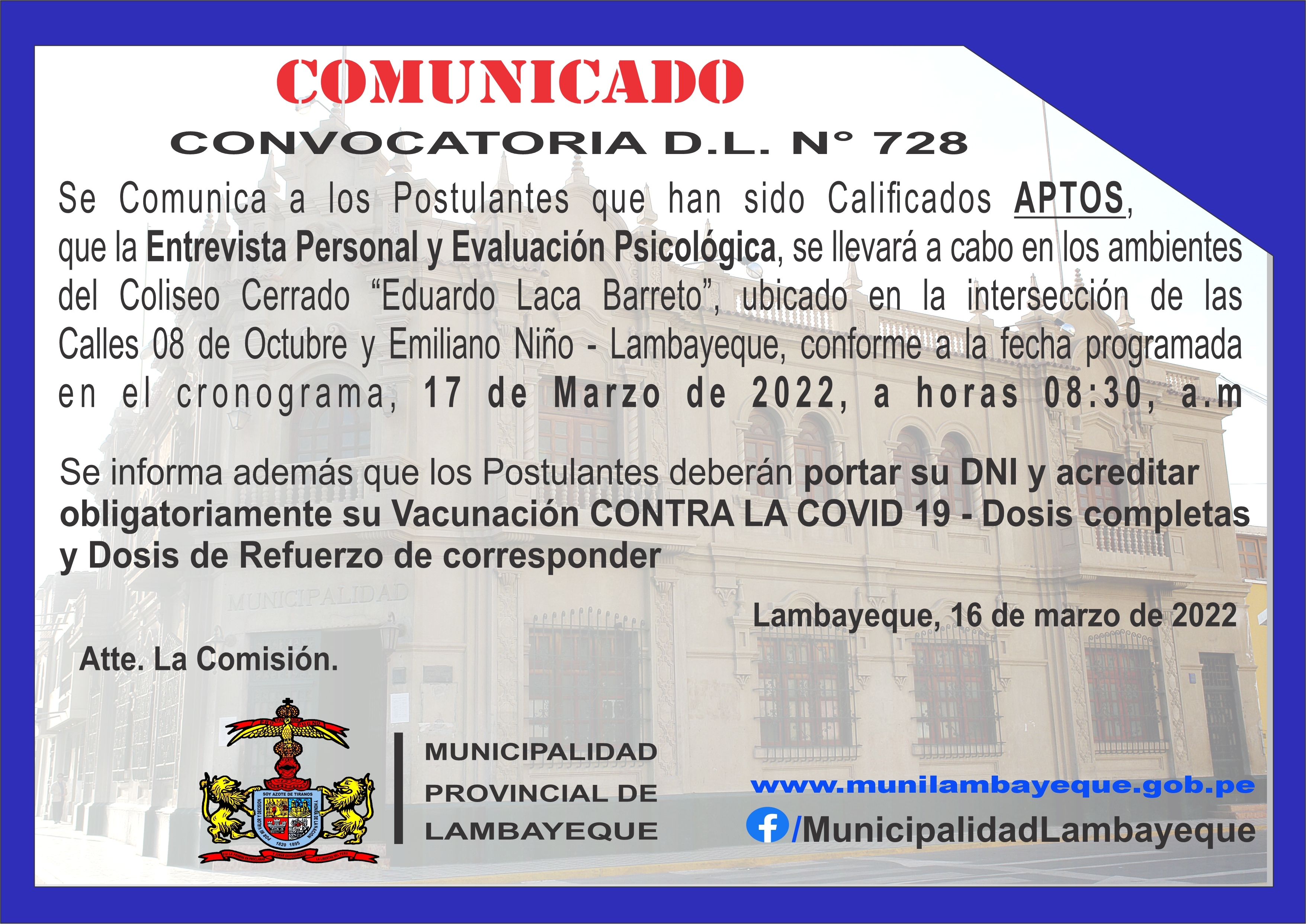 Comunicado de la Convocatoria D.L. N° 728