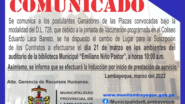 Lista de los ganadores del Proceso bajo la modalidad del D.L. 728.
Día, Lugar y hora de la Suscripción del Contrato