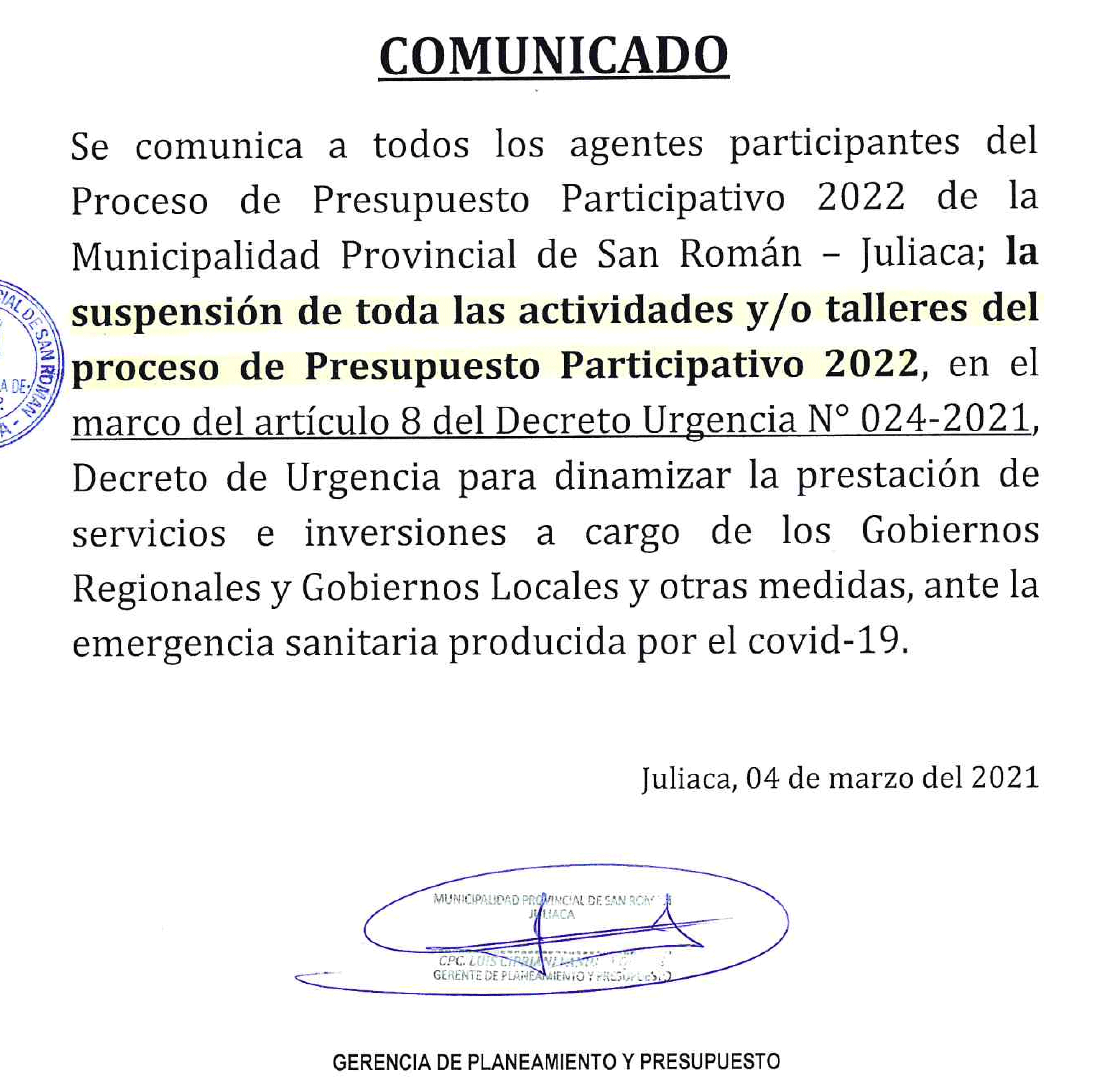 Comunicado del Presupuesto Participativo - 2022 de la MPSR-J