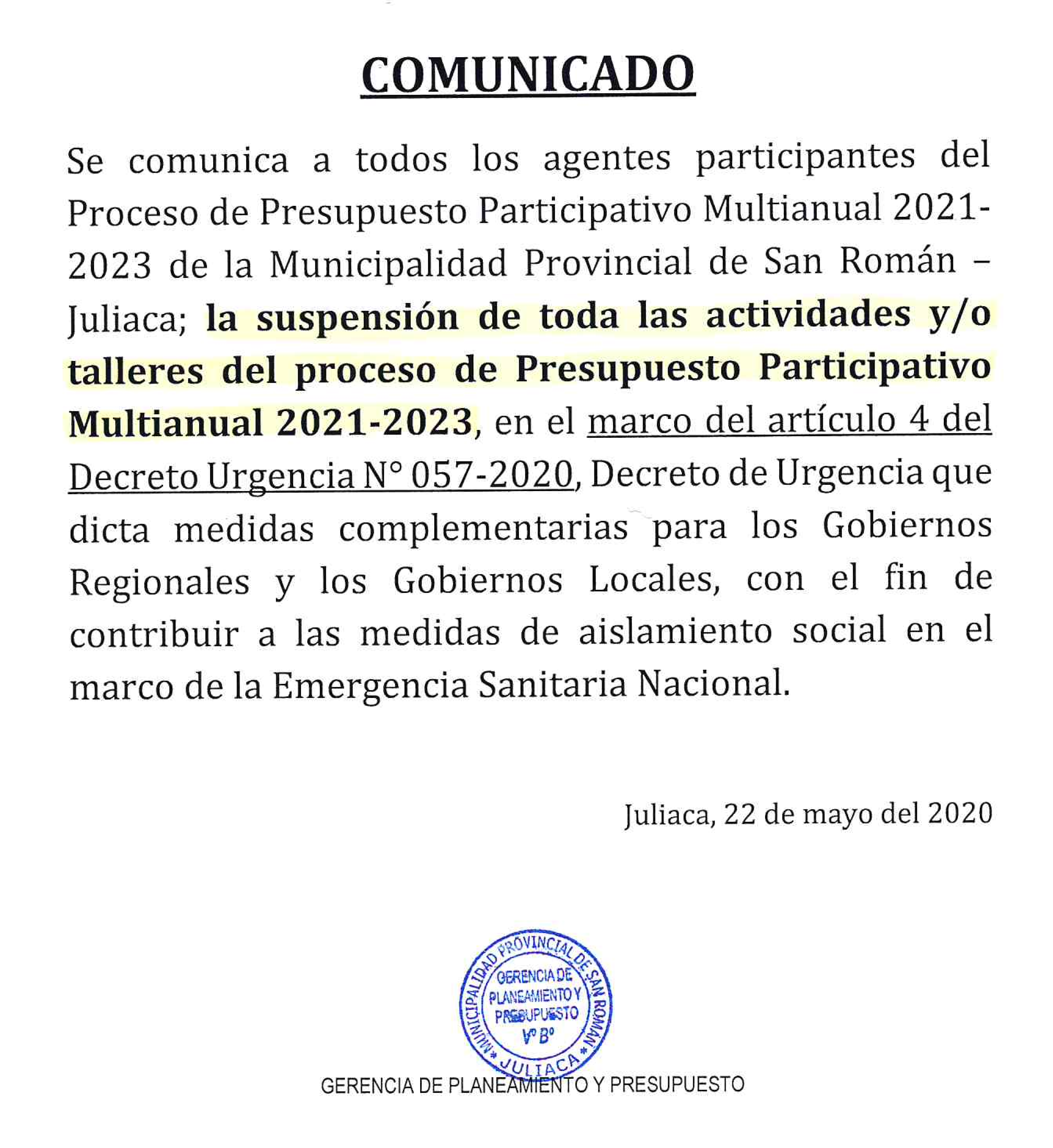 Comunicado del Presupuesto Participativo - 2022 de la MPSR-J