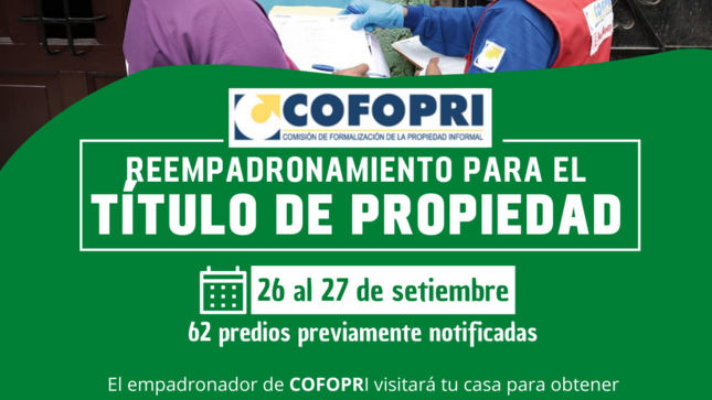 El día 26 y 27 de setiembre, 𝗖𝗢𝗙𝗢𝗣𝗥𝗜 estará 𝐯𝐢𝐬𝐢𝐭𝐚𝐧𝐝𝐨 𝗲𝗹 𝐃𝗶𝘀𝘁𝗿𝗶𝘁𝗼 𝗱𝗲 𝗛𝘂𝗮𝗹𝗵𝘂𝗮𝘀 𝗱𝗼𝗻𝗱𝗲 𝗿𝗲𝐞𝐦𝐩𝐚𝐝𝐫𝐨𝐧𝐚𝐫𝐚́ 62 predios que fueron previamente notificadas.
🟢 𝑷𝒂𝒓𝒂 𝒆𝒎𝒑𝒂𝒅𝒓𝒐𝒏𝒂𝒓𝒕𝒆 deberás identificarte con tu DNI, pasaporte o carnet de extranjería.
🟢 𝑷𝒂𝒓𝒂 𝒂𝒄𝒓𝒆𝒅𝒊𝒕𝒂𝒓 𝒕𝒖 𝒑𝒓𝒐𝒑𝒊𝒆𝒅𝒂𝒅 deberás presentar copia de cualquier documento que te acredite como el dueño del lote.
📍Para conocer todas las fechas de empadronamiento, ingresa al siguiente link 👉: https://bit.ly/3ascazx