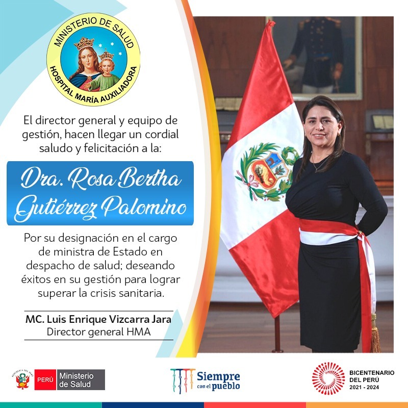 Saludamos la designación de la Dra. Rosa Bertha Gutiérrez Palomino, Ministra de Salud.
#HMA expresa su disposición para sumar esfuerzos a favor de la salud del país. 🇵🇪