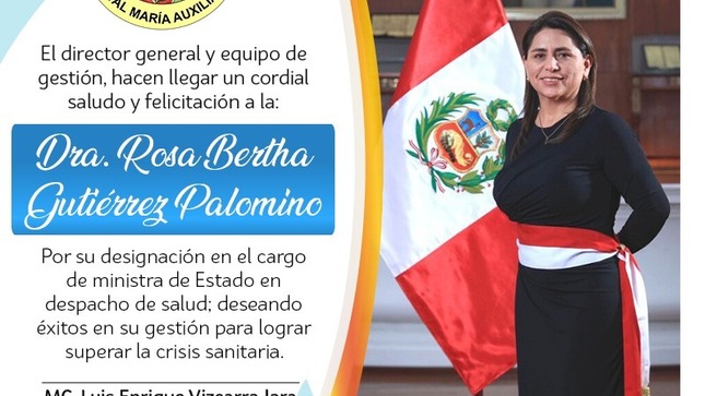 Saludamos la designación de la Dra. Rosa Bertha Gutiérrez Palomino, Ministra de Salud.
#HMA expresa su disposición para sumar esfuerzos a favor de la salud del país. 🇵🇪