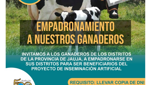 ATENCIÓN
Ganaderos de la provincia de Jauja a empadronarse en sus respectivos distritos para ser beneficiarios del proyecto de inseminación articial.
#Del 16 de enero al 6 de febrero
#UnGobiernoLocalALosOjosDeTodos