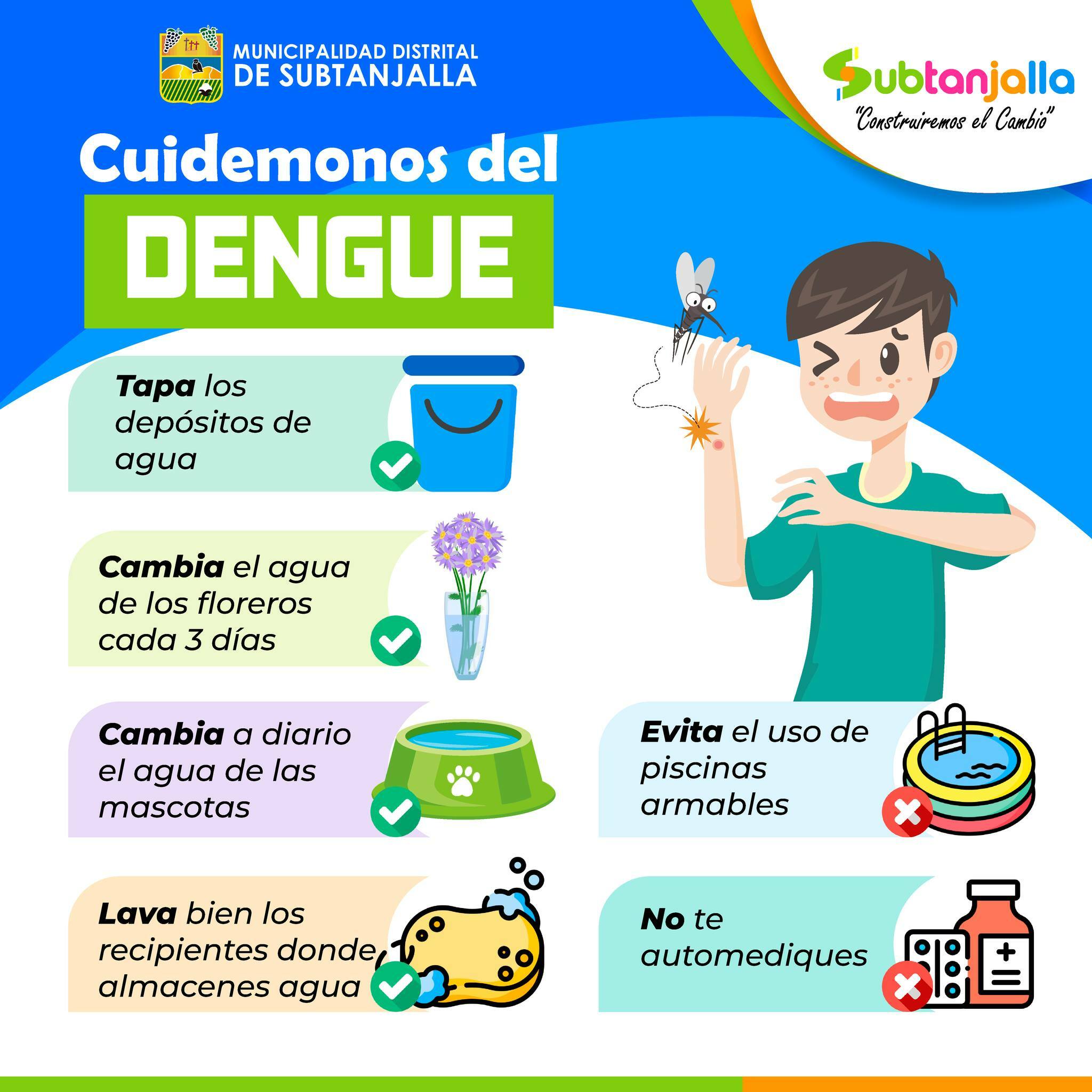 Todos debemos contribuir en la lucha contra el dengue dentro del distrito.
Te compartimos estas recomendaciones para que mantengas al zancudo alejado de tu familia y de tu hogar