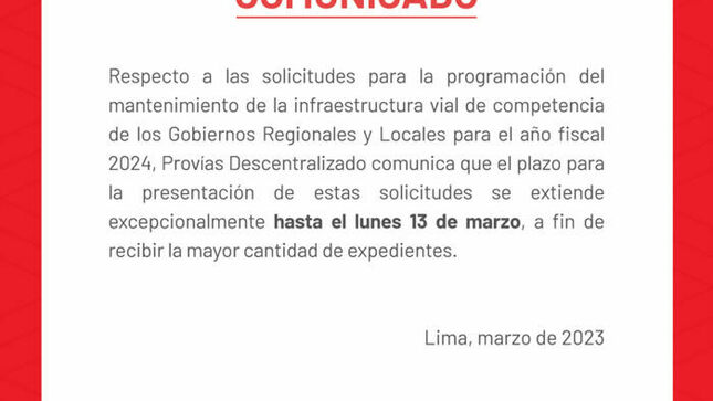 Respecto a las solicitudes para la programación del mantenimiento de la infraestructura vial de competencia de los Gobiernos Regionales y Locales para el año fiscal 2024.