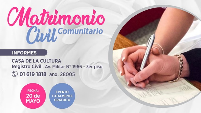 💍¡Llegó el momento de dar el gran paso!

👉🏼La Municipalidad de Lince en marco de los 87.º aniversario del distrito anuncia la celebración del primer Matrimonio Civil Comunitario 2023. 💍

✅Informes e inscripciones: 📍Casa de la Cultura Av. Militar 1966 3er piso – Oficina de Registro Civil.