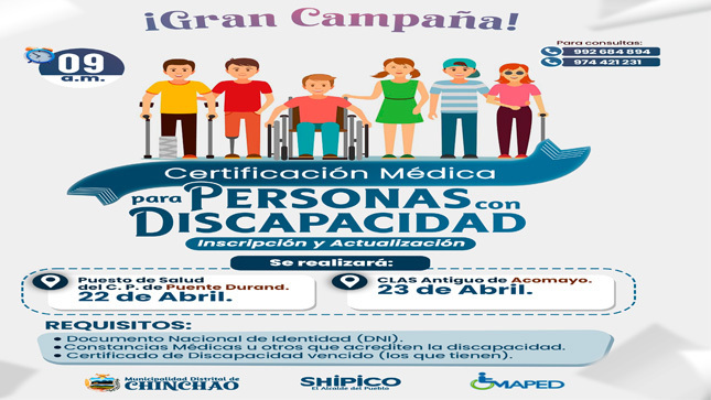 ¡Gran Campaña Médica para personas con discapacidad y usuarios del Programa Contigo que tengan el certificado vencido!