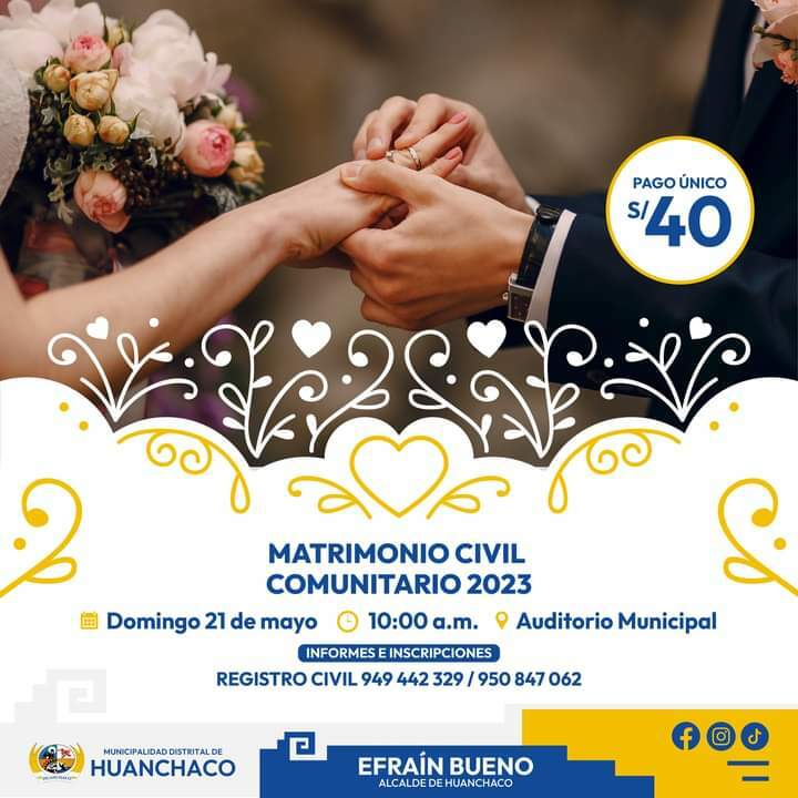 Este 21 de mayo la Municipalidad Distrital de Huanchaco realizará el “Matrimonio Civil Comunitario”. Para mayor información contactarse con la oficina de registro civil de nuestra comuna. 📞Cel: 949 442 329 / 950 847 062