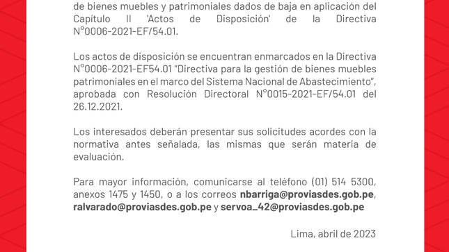 Comunicado  sobre disposición final de bienes muebles y patrimoniales dados de baja en aplicación del Capítulo II 'Actos de Disposición' de la Directiva N°0006-2021-EF/54.01.