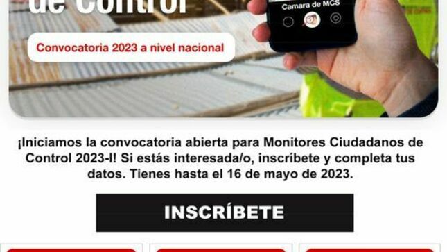 ¡Iniciamos la convocatoria abierta para Monitores Ciudadanos de Control 2023-I! Si estás interesada/o, inscríbete y completa tus datos. Tienes hasta el 16 de mayo de 2023.
Inscríbite