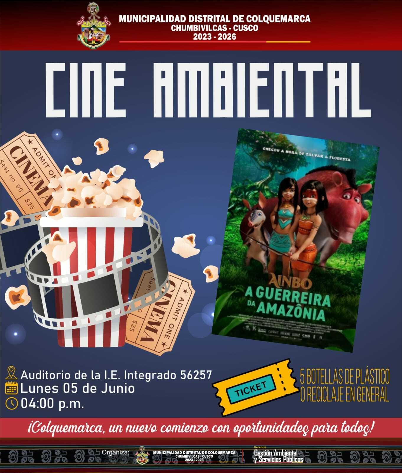 La Municipalidad Distrital de Colquemarca, a través de la Gerencia de Gestión Ambiental y Servicios Públicos, invitan a la población en general a la Proyección de la Película "𝗔𝗜𝗡𝗕𝗢, 𝗣𝗿𝗶𝗻𝗰𝗲𝘀𝗮 𝗚𝘂𝗲𝗿𝗿𝗿𝗲𝗿𝗮"
¡Los Esperamos!
¡Colquemarca, un nuevo comienzo con oportunidades para todos!
Prof. Santos Oviedo Ataucuri - Alcalde
Gestión 2023 - 2026