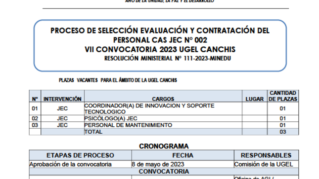 Contratación del Personal cas JEC n° 002