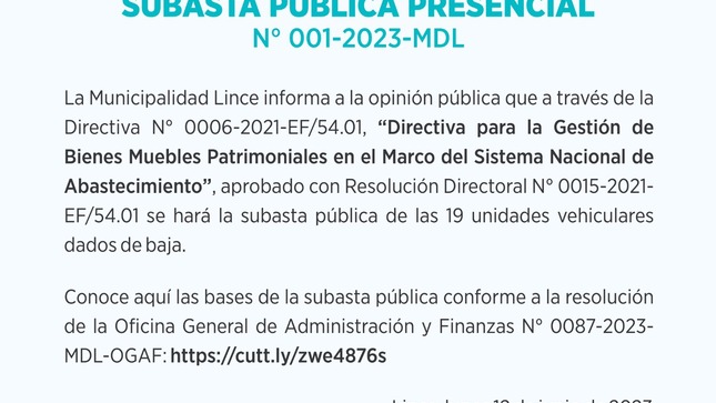 SUBASTA PÚBLICA PRESENCIAL N° 001-2023-MDL