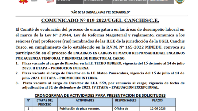 Comunicado n° 019-2023/UGEL-CANCHIS/C.E.