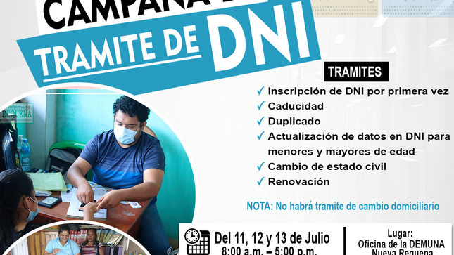 La Municipalidad Distrital de Nueva Requena en coordinación con la oficina de Registro Nacional de Identificación y Estado Civil - RENIEC Pucallpa, realizaran la campaña de tramite de DNI en beneficio de la población.