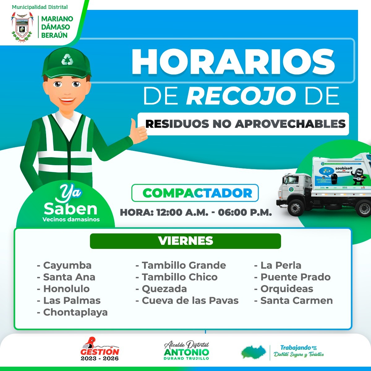 Horario de recojo de residuos NO APROVECHABLES