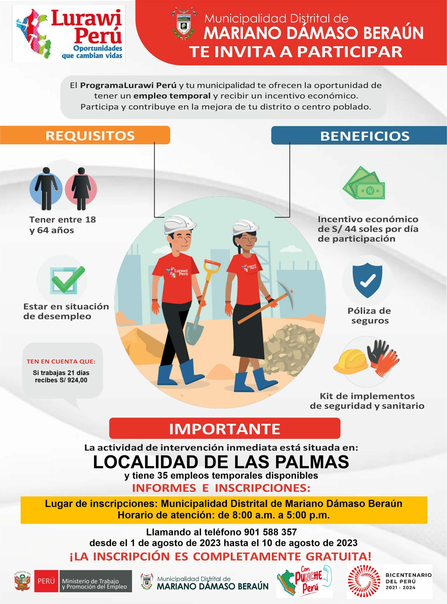 Lurawi Perú y Municipalidad Distrital abren convocatoria de trabajo temporal