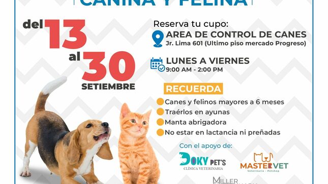 Municipalidad Provincial de Abancay. A través de la Sub Gerencia de Medio Ambiente y Servicios Públicos, área de Control de Canes, presenta la 6ta Campaña de Esterilización Canina y Felina 2023, del 13 al 30 de Setiembre.