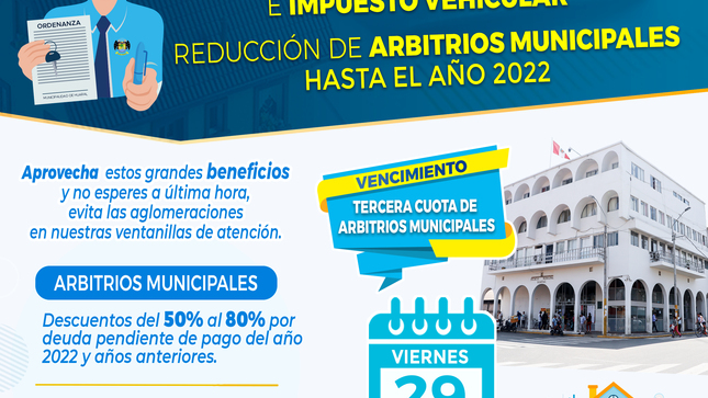 APROVECHA LOS BENEFICIOS TRIBUTARIOS QUE TE OFRECE TU MUNICIPALIDAD PROVINCIAL
La Municipalidad Provincial de Huaral piensa en tu economía y por ello te ofrece beneficios tributarios. 
Rebajamos tu multa del "Impuesto Predial" e "Impuesto Vehicular".Mientras que en arbitrios municipales, te ofrecemos descuentos del 50% al 80%, por deuda pendiente de pago del 2022 y años anteriores.
No olvides que el 29 de setiembre, vence la tercera cuota de los arbitrios municipales.
Acércate ahora mismo y no pierdas esta oportunidad. Para consultas y pagos, te esperamos en el primer piso del Palacio Municipal.