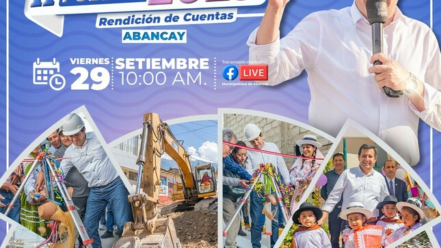 ✅La MPA, se complace en anunciar la "Segunda Audiencia Pública Municipal 2023", donde se rendirán cuentas sobre la ejecución del presupuesto, programas municipales, obras realizadas e inversiones de los últimos meses.

✅Este evento, se transmitirá en vivo el viernes 29 de septiembre a las 10:00 de la mañana a través de nuestra Plataforma digital.

✅Todos están invitados a participar activamente y contribuir al fortalecimiento de la transparencia y la democracia en la toma de decisiones. El alcalde Raúl Peña, te extiende una cordial invitación a unirte y ser parte del desarrollo sostenible de Abancay.

¡Audiencia Pública Municipal 2023, este viernes 29 de Setiembre!
¡No te lo pierdas!