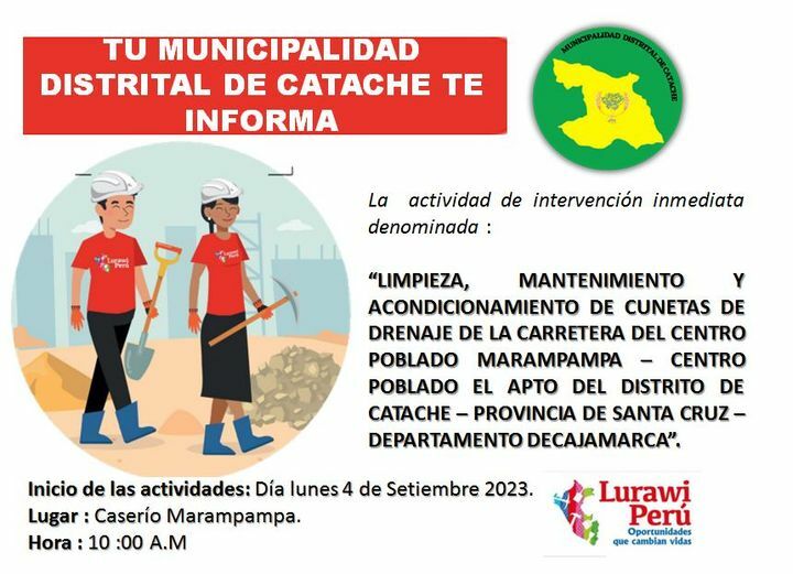 LIMPIEZA Y MANTENIMIENTO Y ACONDICIONAMIENTO DE CUNETAS DE DRENAJES DE LA CARRETERA DEL CENTRO POBLADO MARAMPAMPA - DEL CENTRO POBLADO EL APTO