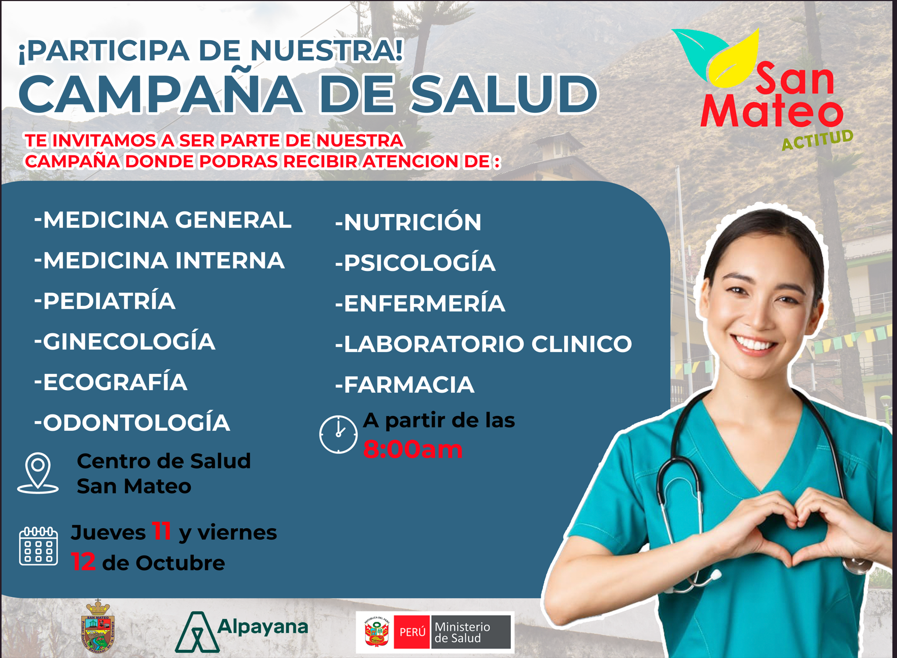 𝗘𝗦𝗧𝗘 𝟭𝟮 𝗬 𝟭𝟯 𝗗𝗘 𝗢𝗖𝗧𝗨𝗕𝗥𝗘 𝗥𝗘𝗔𝗟𝗜𝗭𝗔𝗥𝗔𝗡 𝗖𝗔𝗠𝗣𝗔𝗡̃𝗔 𝗗𝗘 𝗦𝗔𝗟𝗨𝗗 𝗜𝗡𝗧𝗘𝗚𝗥𝗔𝗟 𝗣𝗔𝗥𝗔 𝗣𝗥𝗘𝗩𝗘𝗡𝗜𝗥 𝗠𝗨𝗟𝗧𝗜𝗣𝗟𝗘𝗦 𝗘𝗡𝗙𝗘𝗥𝗠𝗘𝗗𝗔𝗗𝗘𝗦 𝗘𝗡 𝗦𝗔𝗡 𝗠𝗔𝗧𝗘𝗢