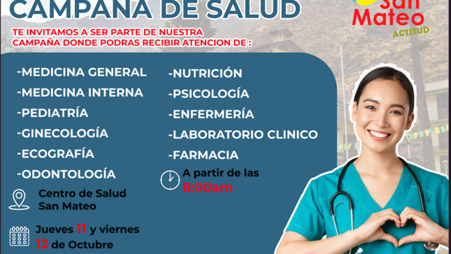 Con el objetivo de proteger la salud de la población del distrito de San Mateo este 12 y 13 de octubre a partir de las 8 de la mañana se realizará una campaña integral de salud.

Los pobladores en la sede del Centro de Salud de San Mateo recibirán atención médica gratuita en las especialidades de Medicina General, Medicina Interna, Pediatría, Ginecología, Ecografía, Odontología, nutrición, Psicología, Enfermería, Laboratorio Clínico y Farmacia.

Dicha campaña es organizada por la Oficina de Desarrollo Social de la Municipalidad Distrital de San Mateo, en coordinación con el Centro de Salud y el auspicio de la empresa Los Quenuales.