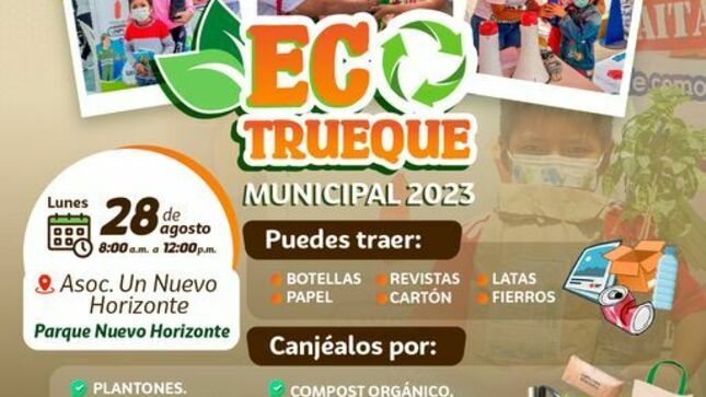 a Municipalidad de Paita, a través de la Unidad de Gestión de Residuos Sólidos, invita a la población en general, a participar del Eco Trueque Municipal que se llevará a cabo el día 28 de agosto, en el parque de la Asoc. Un Nuevo Horizonte de 8:00 a.m. a 12:00 p.m.