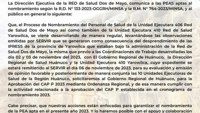 🔴#COMUNICADO
👉 La dirección Ejecutiva de la Red de Salud Dos de Mayo, comunica a las PEAS aptas al nombramiento según la R.D. N° 133-2023-OGGRH/MINSA y la R.M. N° 764-2023/MINSA, y al público en general lo siguiente: