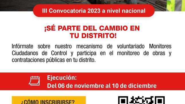 ¿Quieres formar parte del programa de voluntariado “Monitores Ciudadanos de Control” de la Contraloría?
Te invitamos a inscribirte a nuestra convocatoria extraordinaria.
Una vez que te inscribas y validamos tus datos, te enviaremos el enlace del curso donde podrás conocer todo acerca del programa y sobre control gubernamental.
Inscríbete y comparte en enlace de inscripción:
👉 https://controlsocial.contraloria.gob.pe/monitoresciudadanos/index.html#formulariomc 
¡Todos somos protagonistas del cambio!