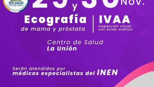 👉 ¡La unión hace la fuerza!, la Red de Salud Dos de Mayo y La Dirección Regional de Salud Huánuco Realizan la “pre-campaña médica de diagnóstico y despistaje de cáncer del 3 a l 28 de noviembre del 2023, el cual busca evaluar e identificar los posibles casos de cáncer de mama, útero, próstata, estómago y piel, de los usuarios afiliados al Sistema Integral de Salud (SIS) de la provincia de Dos de Mayo. 
👉 Al concluir esta etapa los profesionales de la salud programaran citas para que los casos identificados sean evaluados el 29 y 30 de noviembre en el “Centro de Salud de La Unión”, por médicos oncólogos del INEN (Instituto Nacional de Enfermedades Neoplásicas).
"Trabajando Por Tu Salud"
#GoreHco #DiresaHco #RedDeSaludDosDeMayo #TrabajandoPorTuSalud #GestiónChamba #ArujRuna #AntonioPulgar #GobernadorRegional #HuánucoParaElMundo