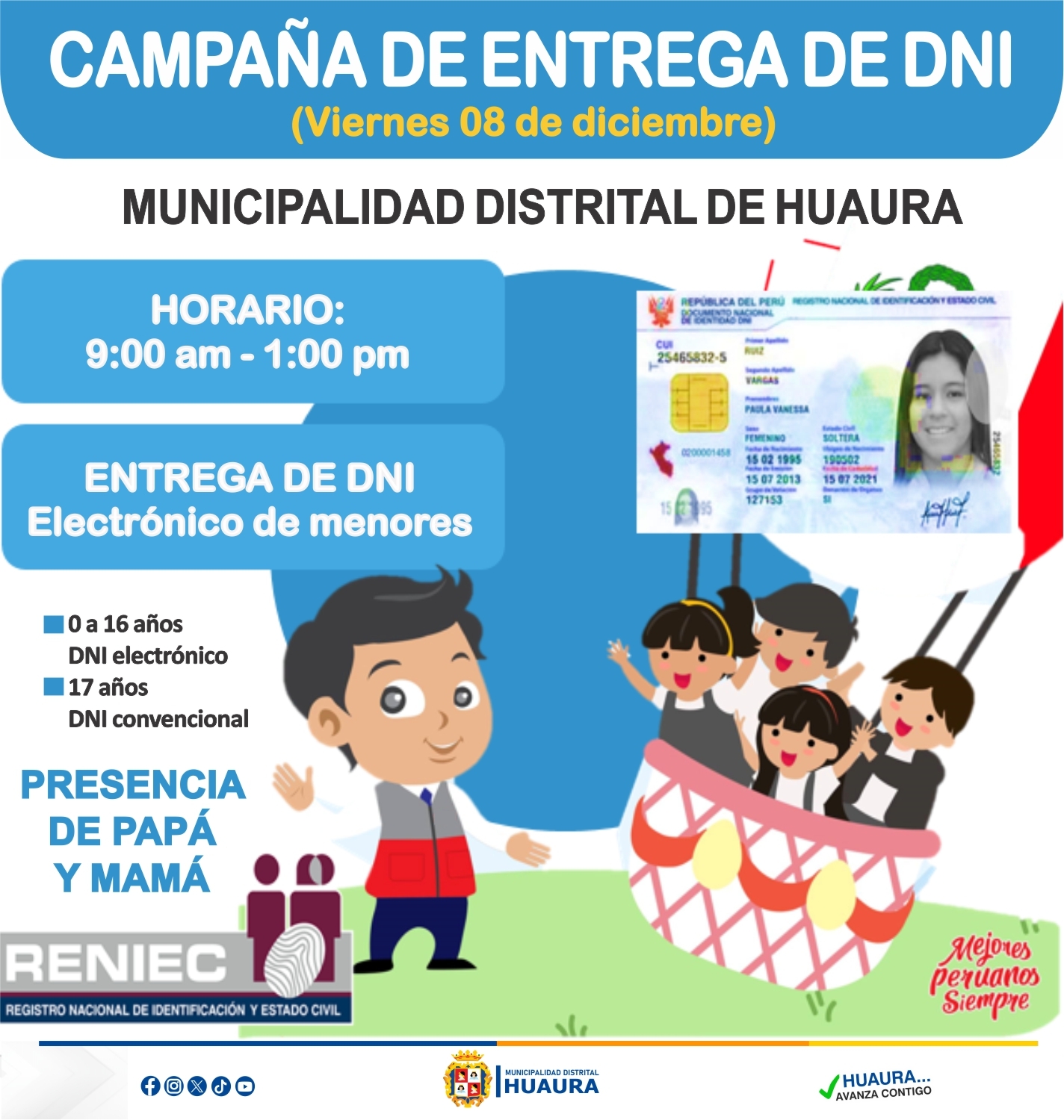RENIEC Y LA MUNICIPALIDAD DE HUAURA REALIZARÁN "CAMPAÑA DE ENTREGA DE DNI DE MENORES" ESTE VIERNES 08 DE DICIEMBRE