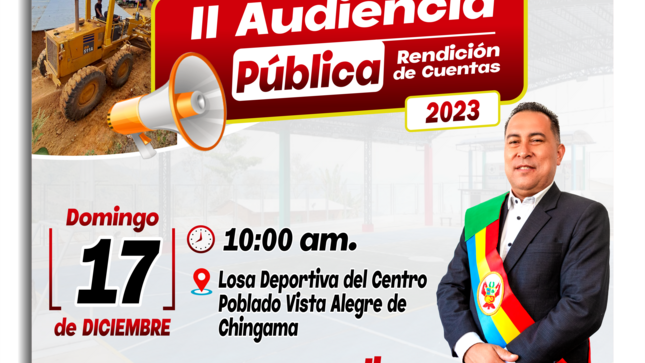 El alcalde de la Municipalidad Distrital de Bellavista, Jhony Rojas Núñez, plana de regidores, hace extensiva la #invitación a todas las autoridades civiles, religiosas, políticas, dirigentes comunales y población en general a participar de la II #Audiencia #Pública de Rendición de cuentas que, tiene por objetivo fortalecer la relación del gobierno municipal con la población y facilitar el ejercicio de control de la ciudadanía a la gestión pública.