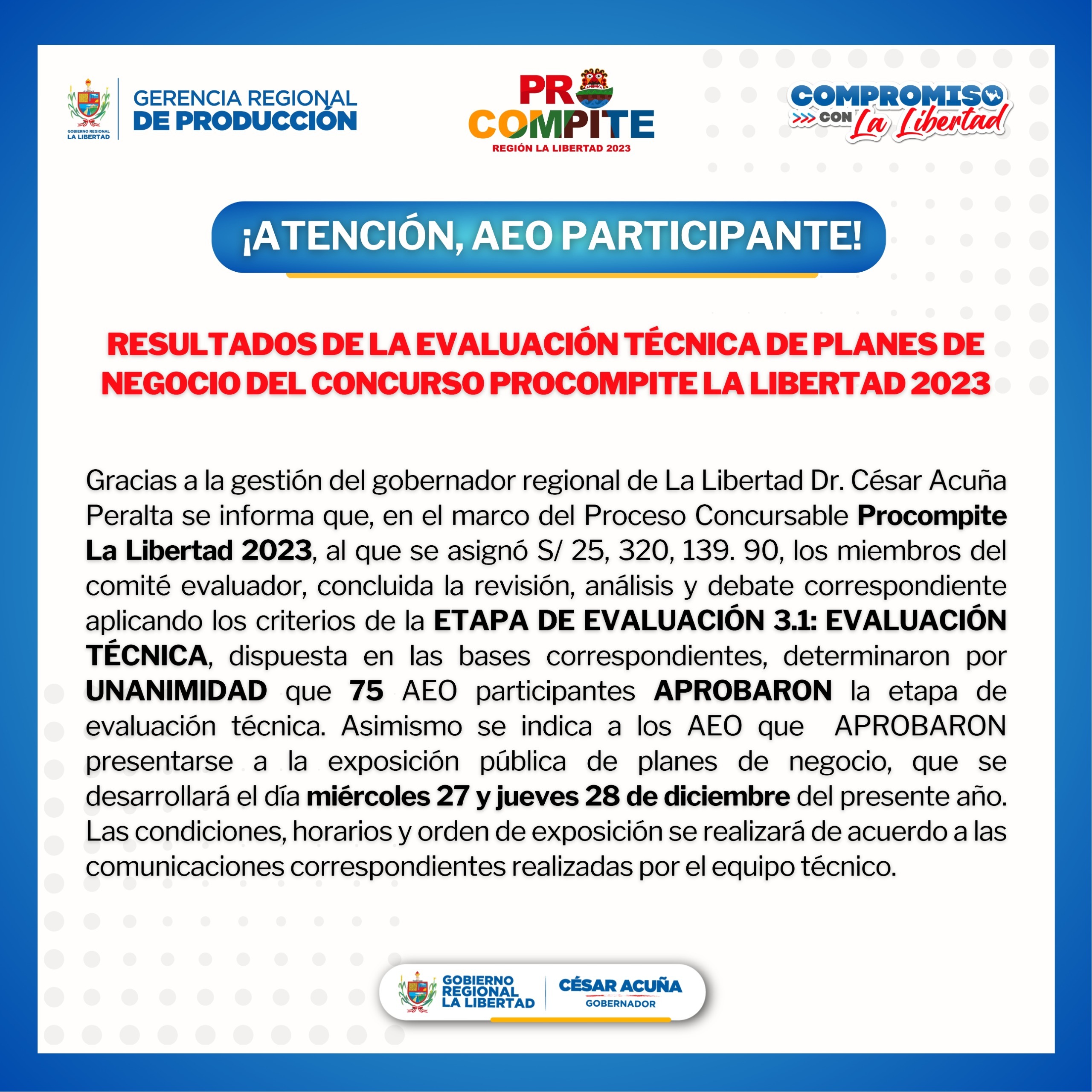 Resultado de la Evaluación Técnica de Planes de Negocio del Concurso PROCOMPITE - La Libertad 2023