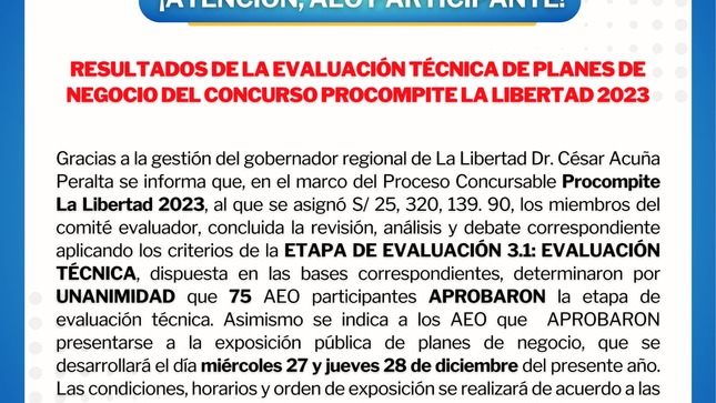 Resultado de la Evaluación Técnica de Planes de Negocio del Concurso PROCOMPITE - La Libertad 2023