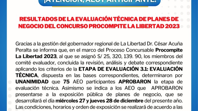 Resultado de la Evaluación Técnica de Planes de Negocio del Concurso PROCOMPITE - La Libertad 2023