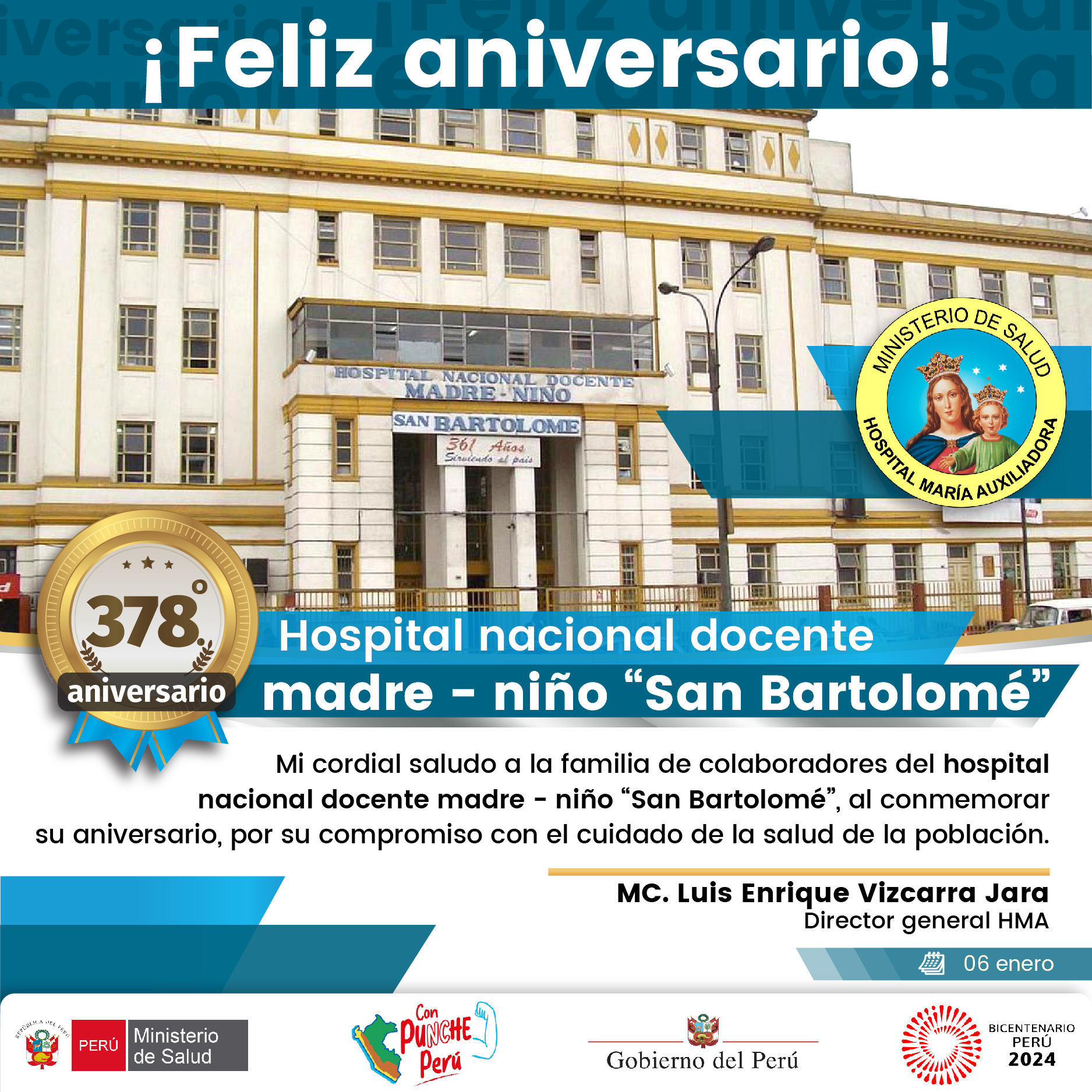 ¡Feliz aniversario hospital nacional docente madre - niño "San Bartolomé"!