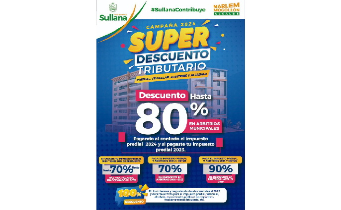 Sullaneros podrán acceder hasta el 80% de descuento en pago de arbitrios