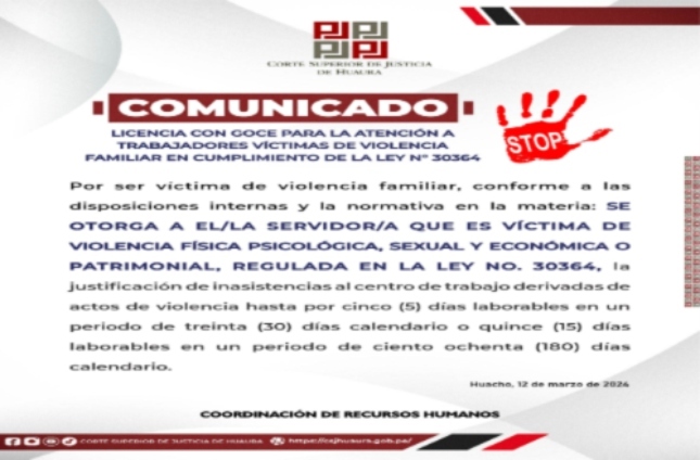 COMUNICADO: LICENCIA CON GOCE PARA LA ATENCIÓN A  TRABAJADORES VÍCTIMAS DE VIOLENCIA FAMILIAR EN CUMPLIMIENTO DE LA LEY N° 30364.