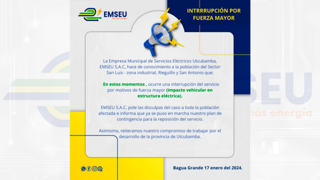 Se informa a la población afectada por la interrupción de servicio que esta fue ocasionada por el impacto de un vehículo contra una de nuestras estructuras eléctricas, lo que ocasionó su derribe y afectó a tres estructuras continuas y que el equipo de contingencias ya se encuentra realizando los trabajos necesarios para la reposición.