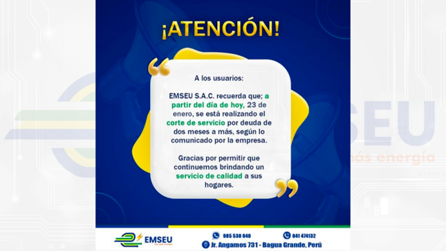 ⚡ #EMSEU S.A.C INFORMA | 🛑A partir de hoy, nuestros técnicos están realizando el corte de servicio a aquellos usuarios que tengan deuda de dos meses a más. El corte se mantendrá hasta que se cancele dicha deuda, de esa manera se podrá seguir con la reposición.🛑
📣 𝗥𝗘𝗖𝗨𝗘𝗥𝗗𝗔 pagar tus recibos con puntualidad, para evitar este tipo de cortes.
#BaguaGrande #Cajaruro #PagaPuntual