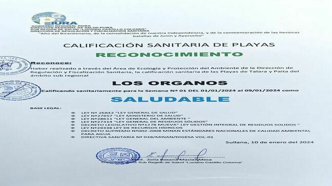 La Municipalidad Distrital de Los Órganos recibe importante reconocimiento para sus balnearios, producto del trabajo realizado por parte de nuestro alcalde Dr. Manuel Helmer Garrido Castro